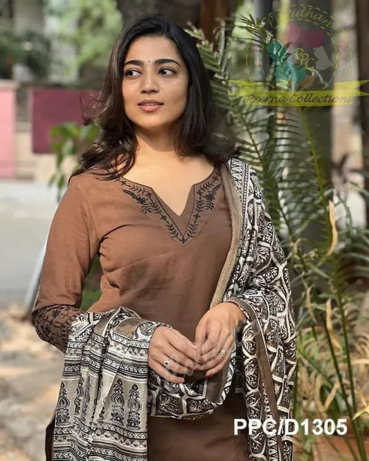 Coffee Brown Embroidered Cotton Kurti With Pant And Khaddar Silk Digital Print Dupatta