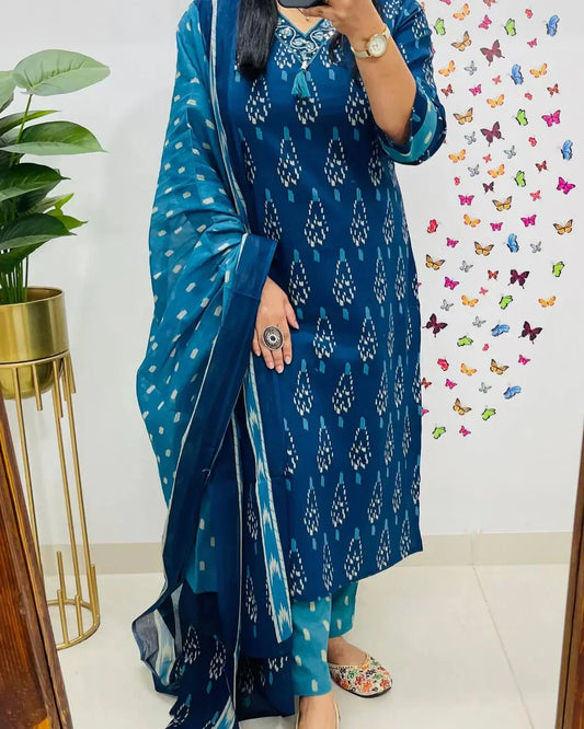 Ikkat Print With Kurti Pant & Dupatta Set For Women( Blue )