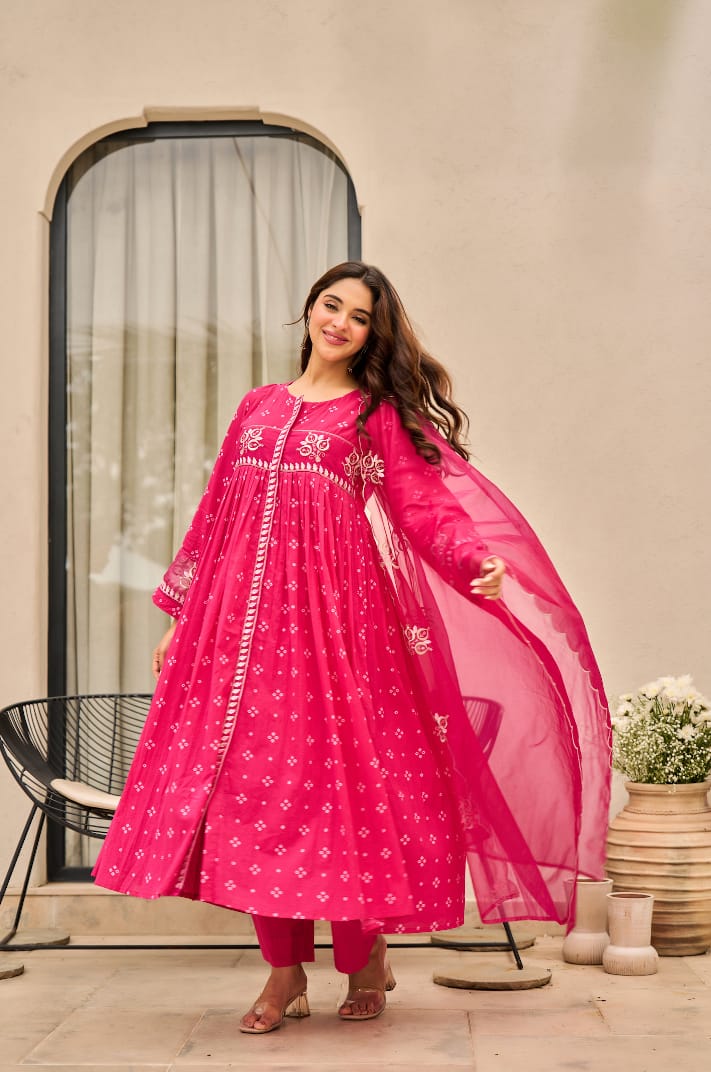 Rust Orange Bandhani Mul Cotton A Line Handwork Suit
