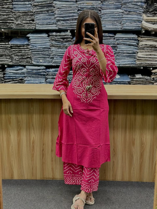 Rani Pink Bandhani Print Kurta Set with Dupatta
