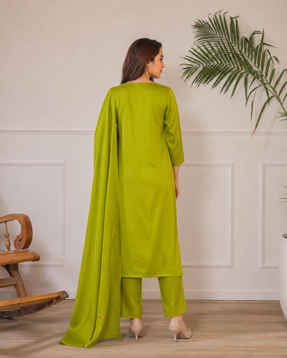 Lime Green Floral Embroidered Ethnic Three-Piece Kurta Set