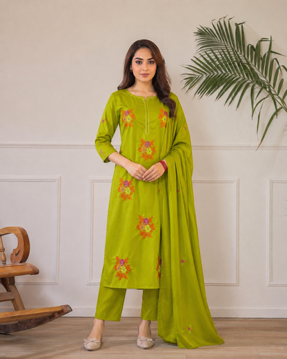 Lime Green Floral Embroidered Ethnic Three-Piece Kurta Set