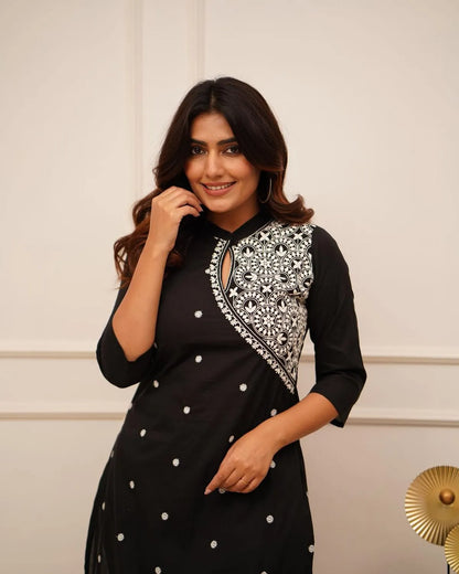 Black Embroidered Cotton Straight Kurta Set