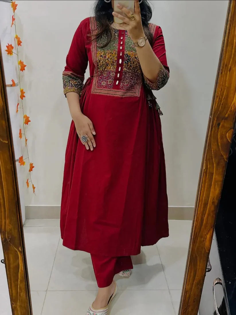 Women’s Red Cotton Anarkali Kurta Pant Set with Embroidered Yoke