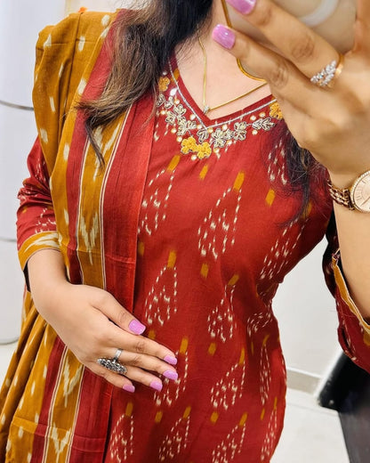 Ikkat Print With Kurti Pant & Dupatta Set For Women