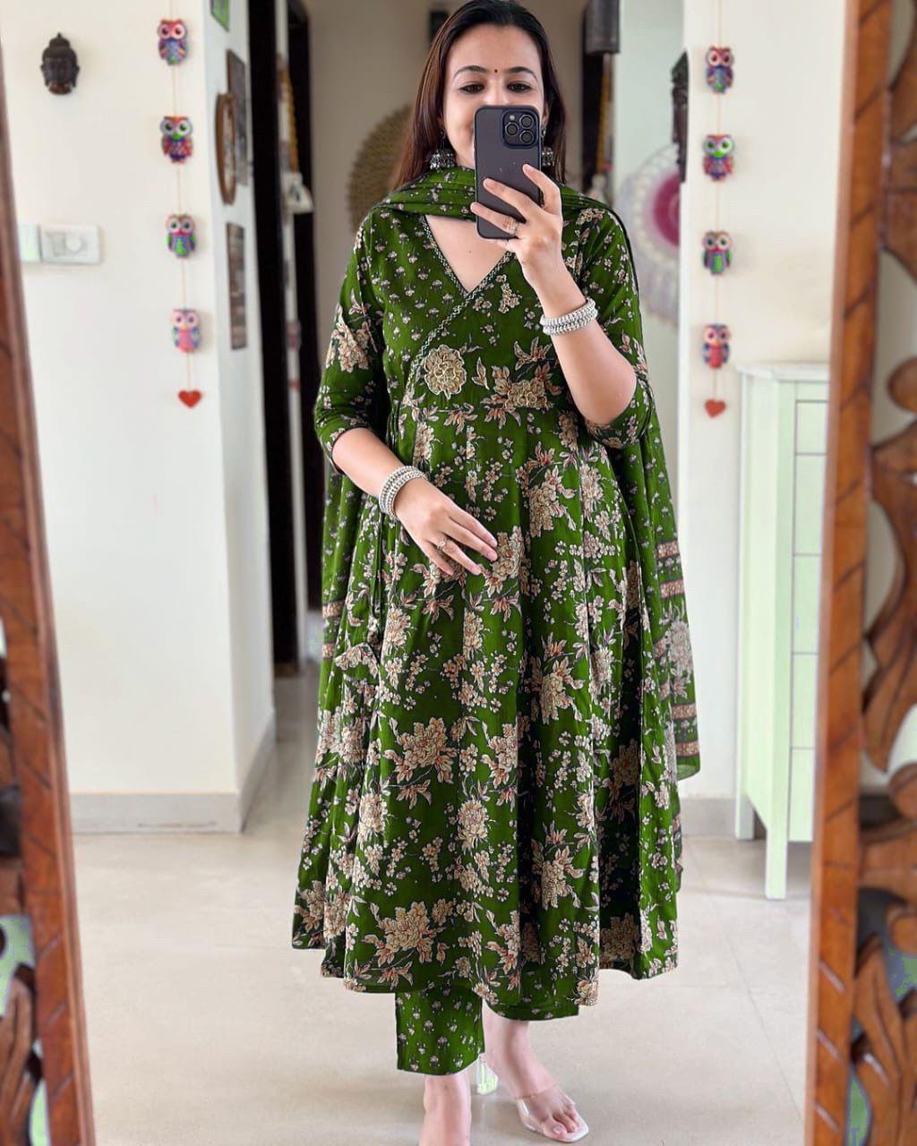 Anarkali Kurta Set With Angrakha Style For Women( Green )
