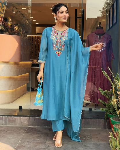 Teal Blue Embroidered Kurta Set
