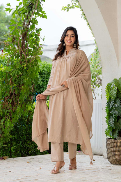 Beige Silk Blend Solid Embroidered Flared Suit Set