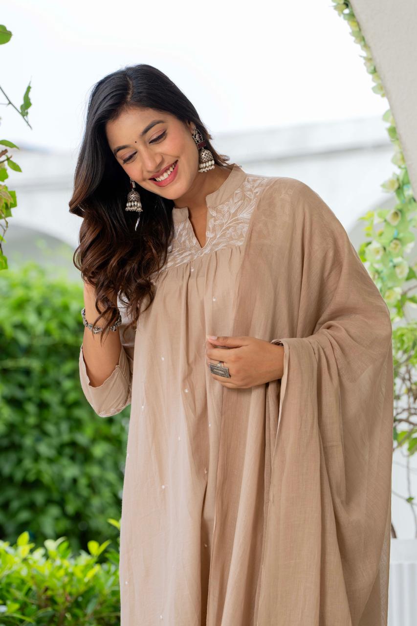 Beige Silk Blend Solid Embroidered Flared Suit Set