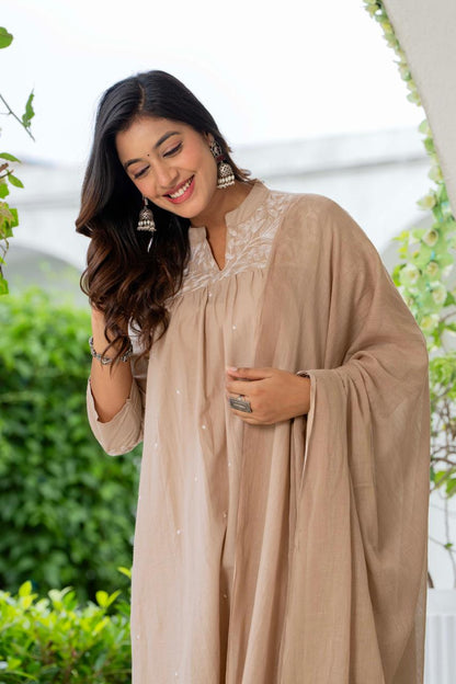 Beige Silk Blend Solid Embroidered Flared Suit Set