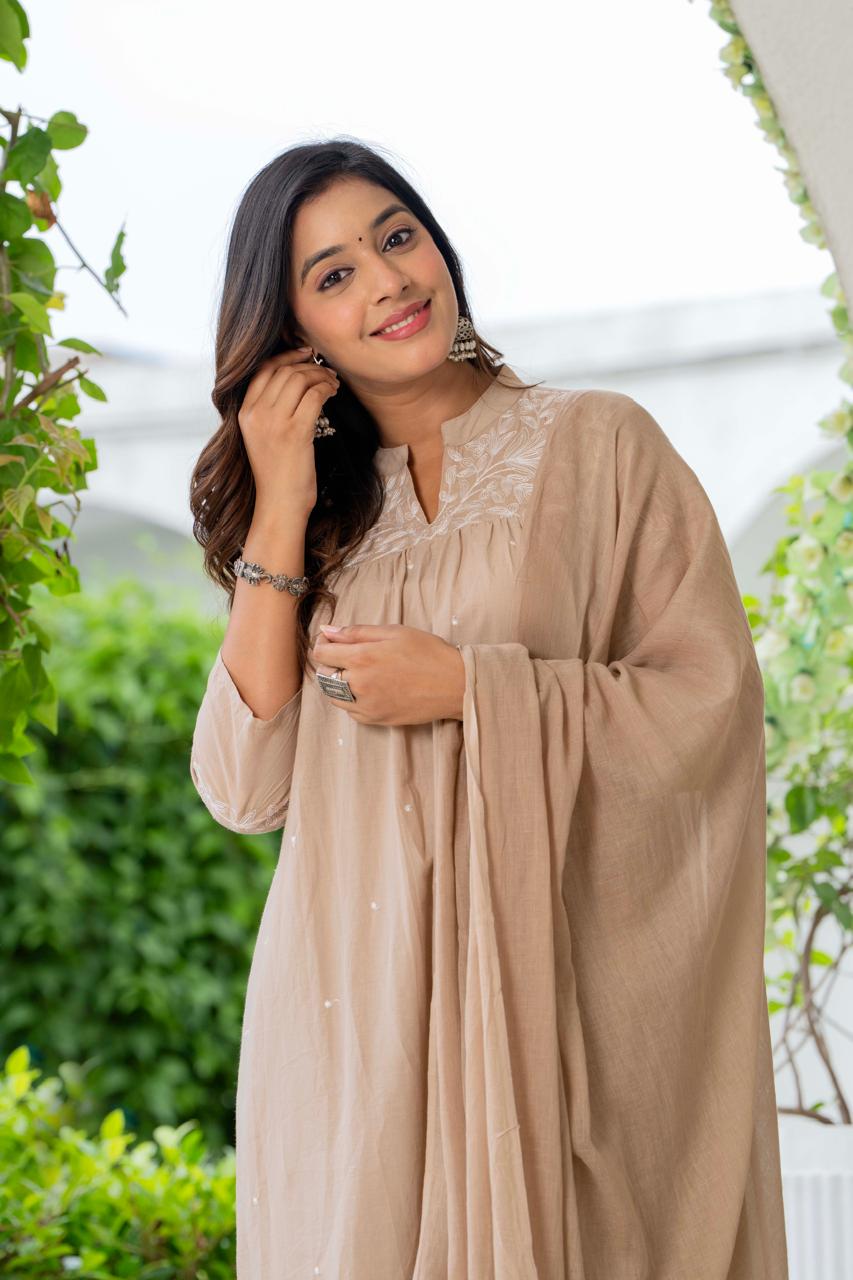 Beige Silk Blend Solid Embroidered Flared Suit Set