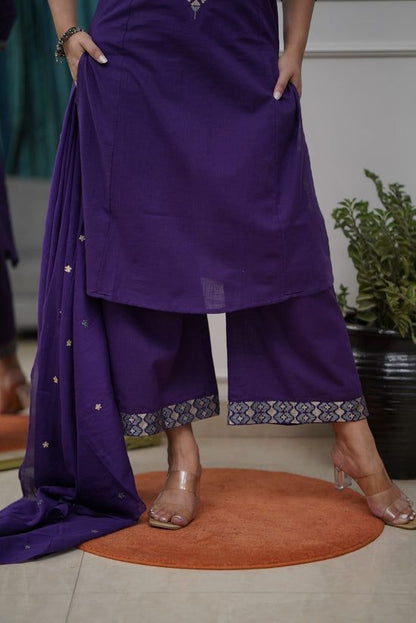 Aline Kurta Set With Cotton Plazzo & Malmal Dupatta With  Embroidery Work