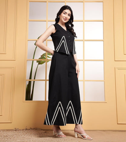 Women Indo Western Waist Coat With White Zigzag Lace Trousers Co-Ords Set