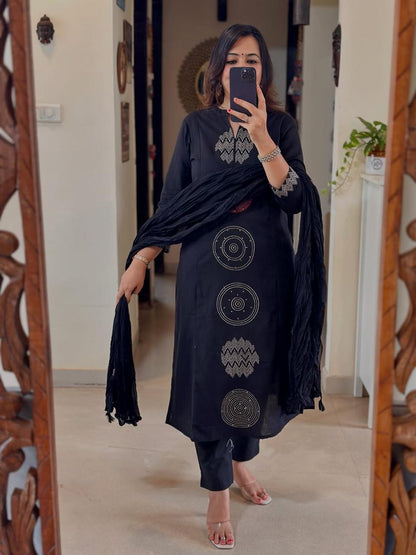 Blue Color Cotton Embroidered Suit Set