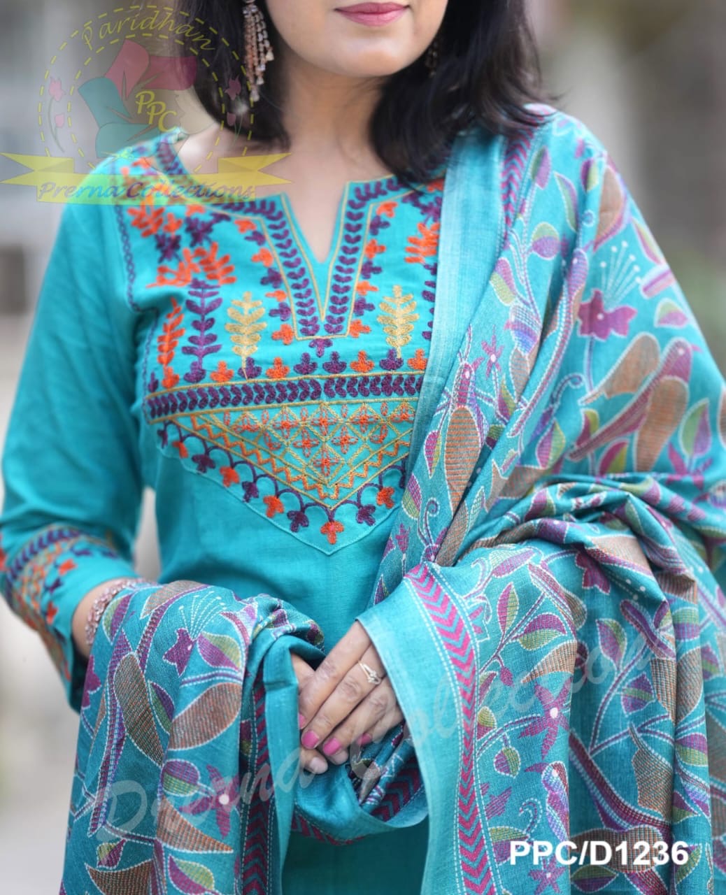 Sky Blue Embroidered Cotton Flex Kurta and Pant Set with Dupatta