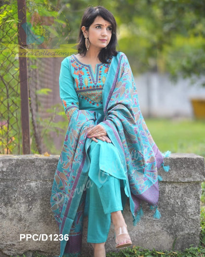 Sky Blue Embroidered Cotton Flex Kurta and Pant Set with Dupatta