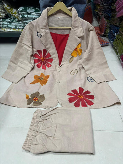 Pure Cotton Jute Applique Work Blazer Style Co-Ord Set In Beige