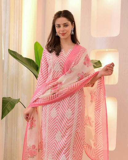 Ethnic Printed Pure Cotton Notch Neck Straight Kurta With Trousers & Dupatta