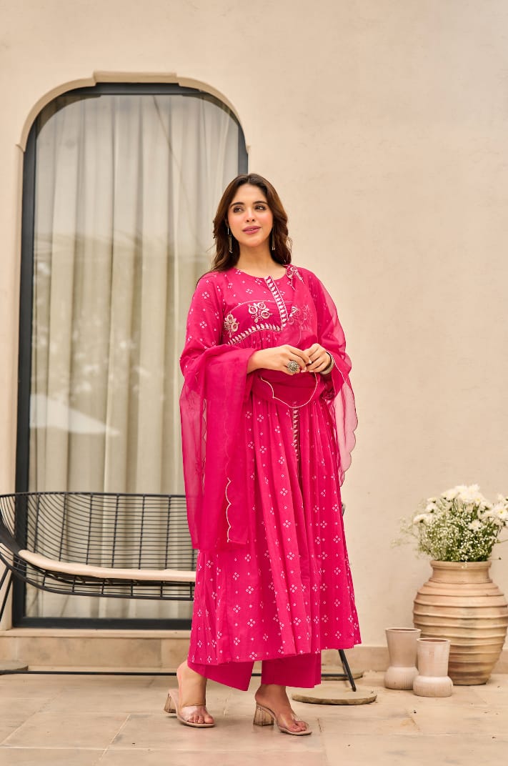 Rust Orange Bandhani Mul Cotton A Line Handwork Suit