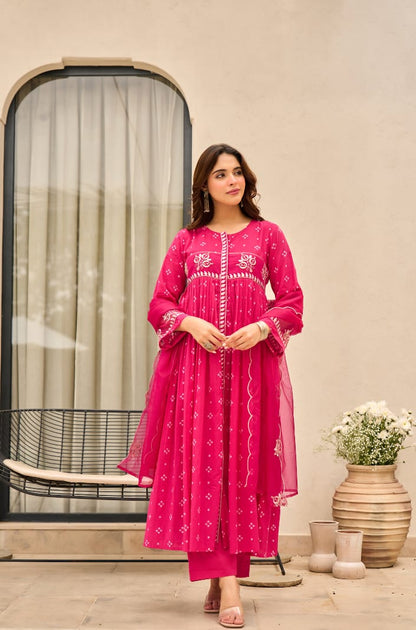 Rust Orange Bandhani Mul Cotton A Line Handwork Suit