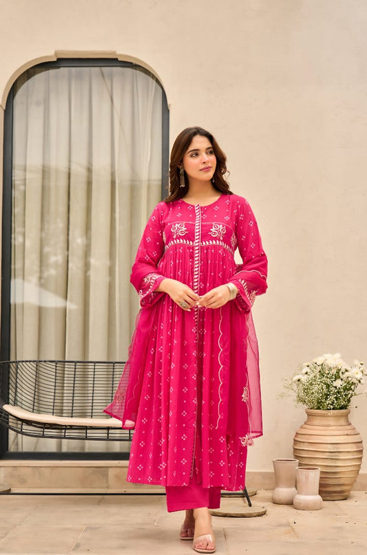 Rust Orange Bandhani Mul Cotton A Line Handwork Suit