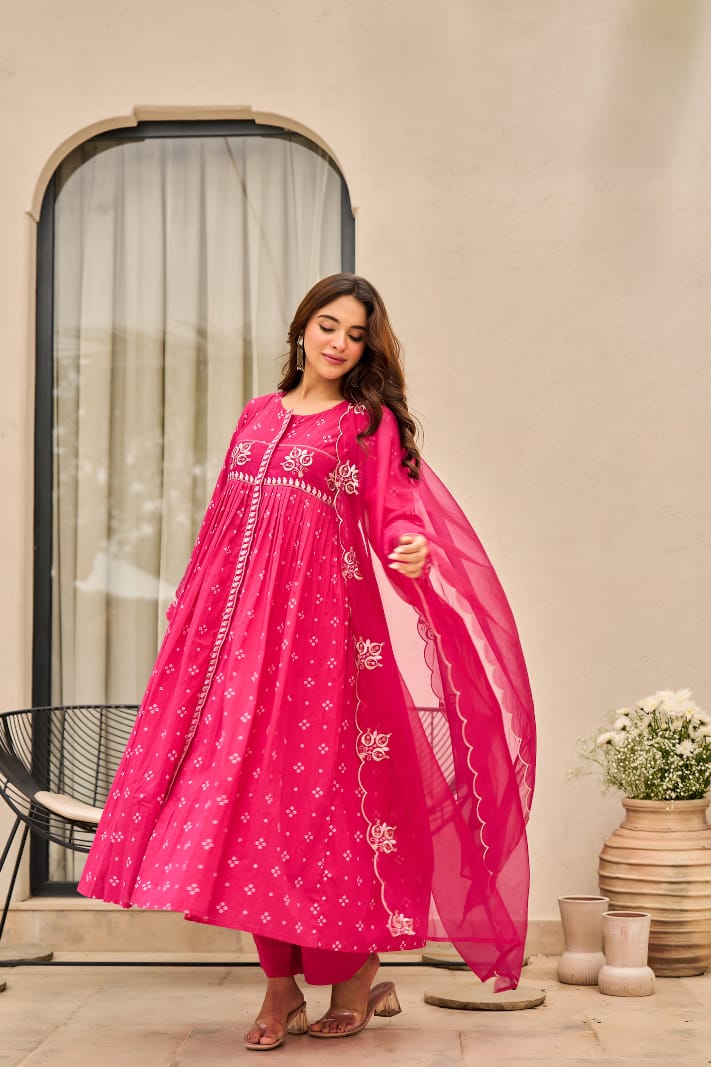 Rust Orange Bandhani Mul Cotton A Line Handwork Suit