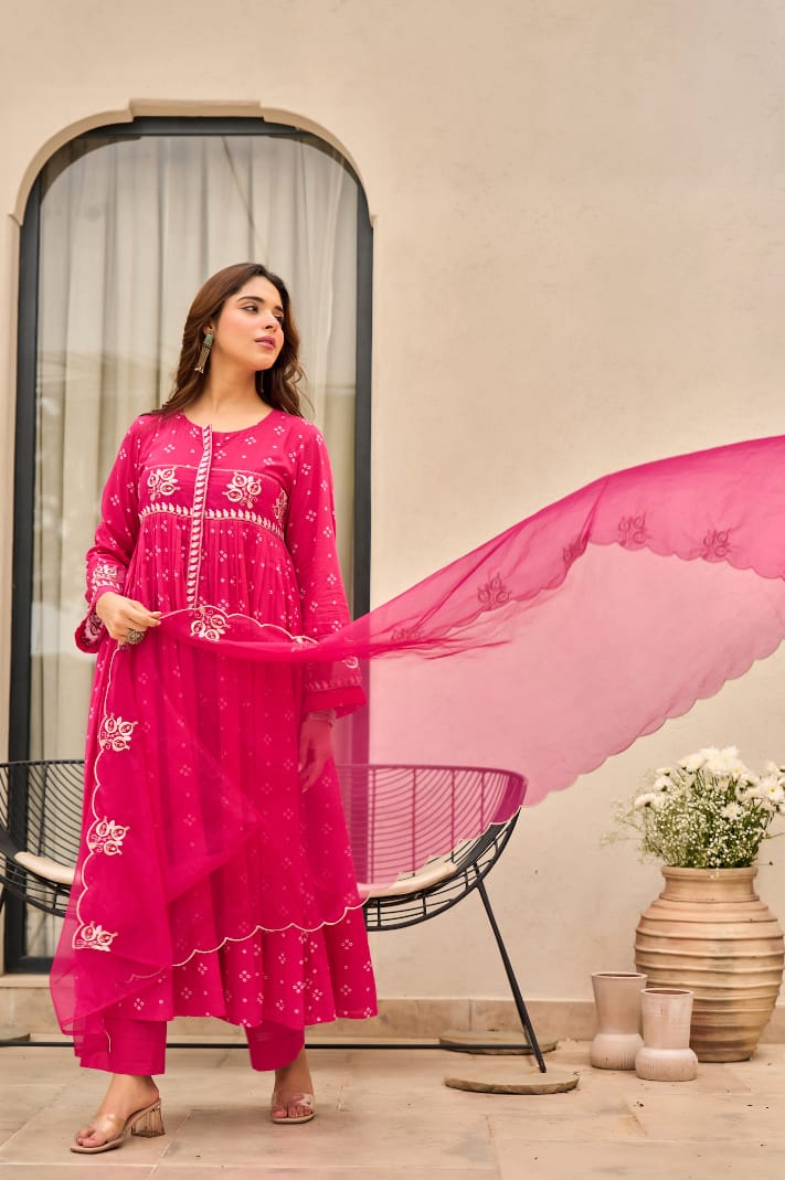 Rust Orange Bandhani Mul Cotton A Line Handwork Suit