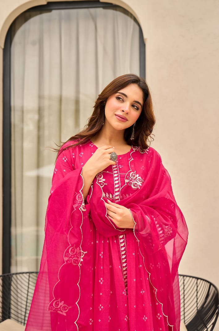 Rust Orange Bandhani Mul Cotton A Line Handwork Suit