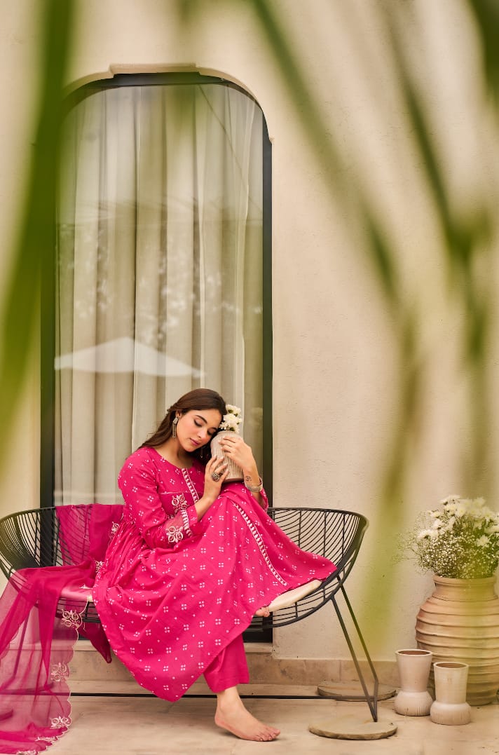 Rust Orange Bandhani Mul Cotton A Line Handwork Suit