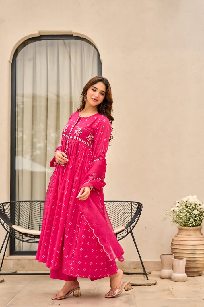 Rust Orange Bandhani Mul Cotton A Line Handwork Suit
