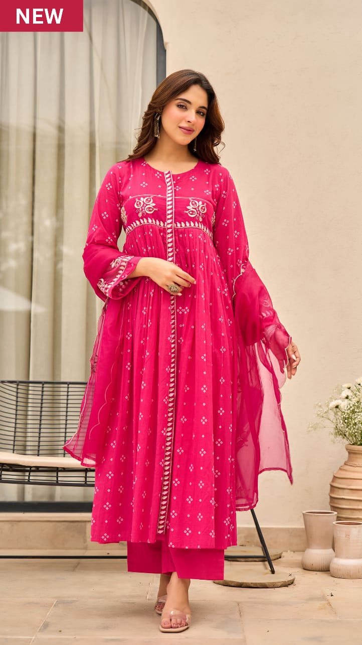 Rust Orange Bandhani Mul Cotton A Line Handwork Suit