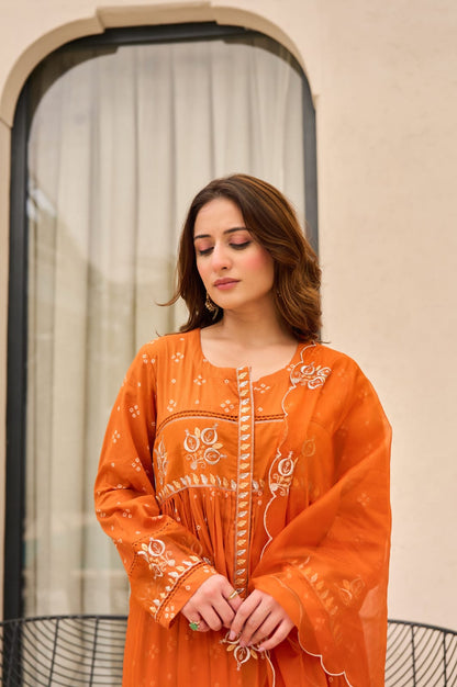Rust Orange Bandhani Mul Cotton A Line Handwork Suit