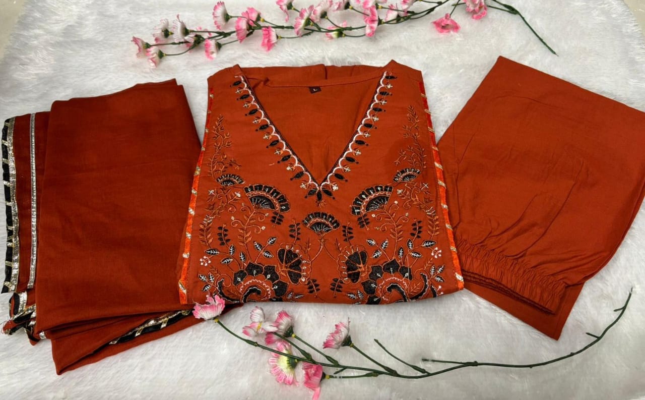 Rust Orange Embroidered Kurta Set with Matching Dupatta