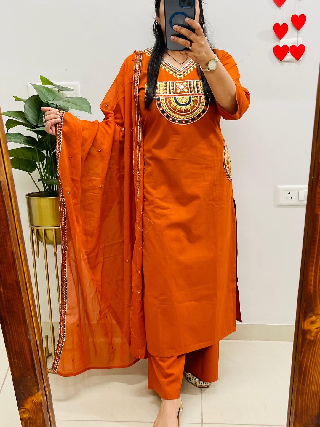 Rust Orange Embroidered Kurta Set with Dupatta