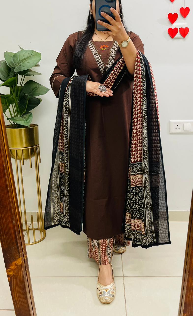 Elegant Brown Kurta Set with Printed Dupatta & Coordinated Pants