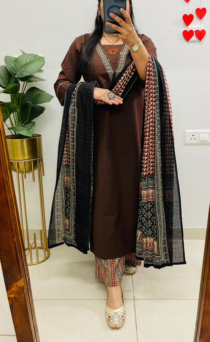 Elegant Brown Kurta Set with Printed Dupatta & Coordinated Pants