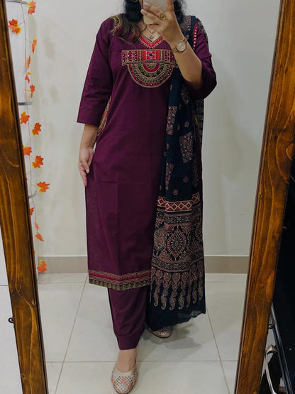 Elegant Wine Embroidered Kurta Set with Printed Dupatta