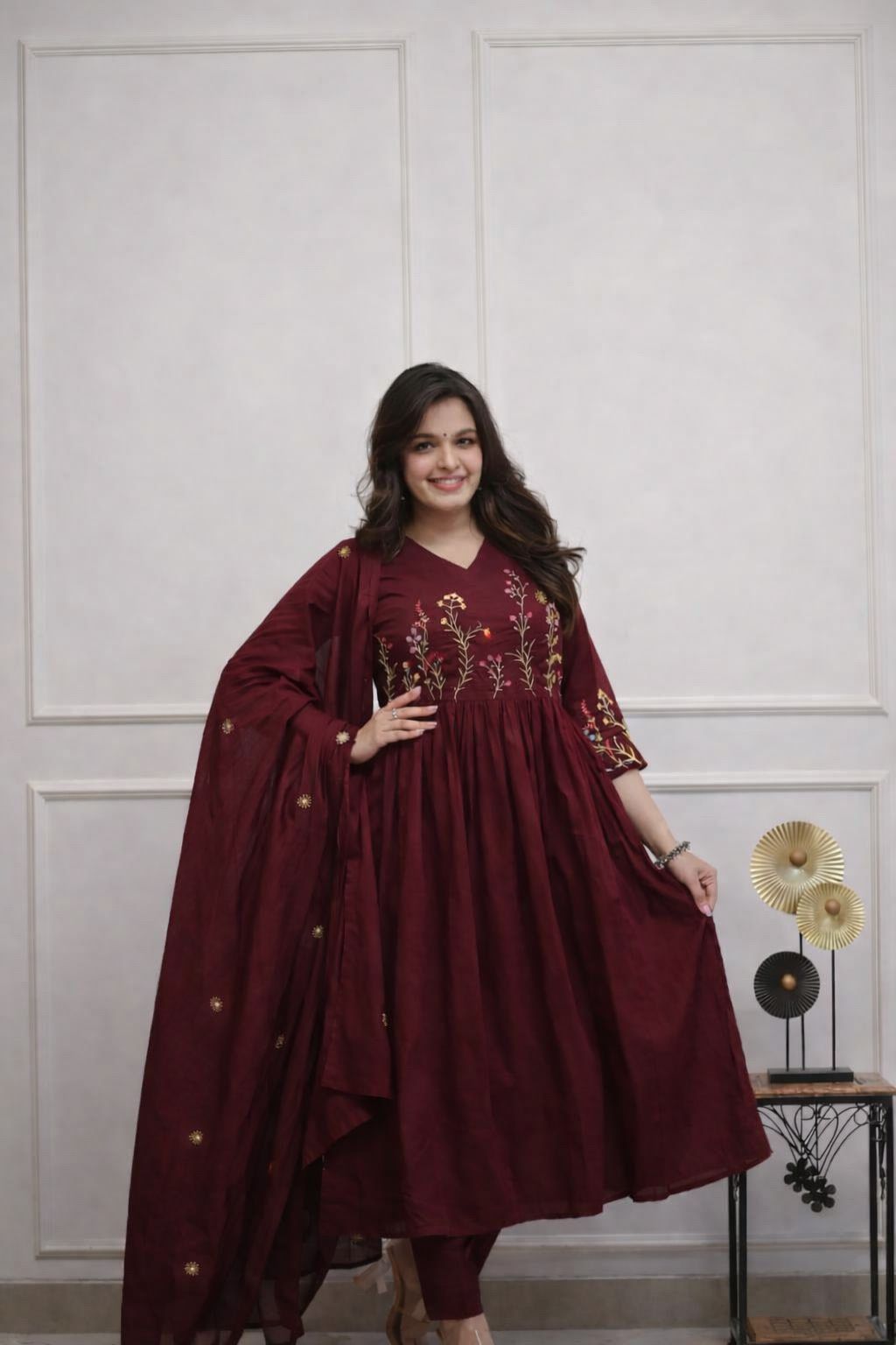 Elegant Wine Embroidered Anarkali Kurta Set with Dupatta