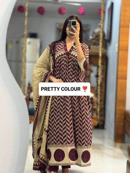 Elegant Wine Printed Anarkali Kurta Set with Dupatta