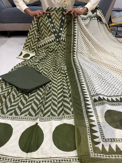Elegant Green Printed Anarkali Kurta Set with Dupatta