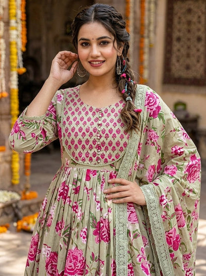 Sage Green Floral Anarkali Kurta Pant Dupatta Set