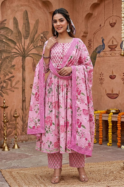 Pink Floral Anarkali Kurta Pant Dupatta Set