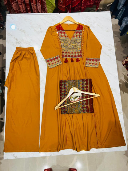KIMAYRA Mustard Yellow Embroidered Empire Anarkali Kurta Set